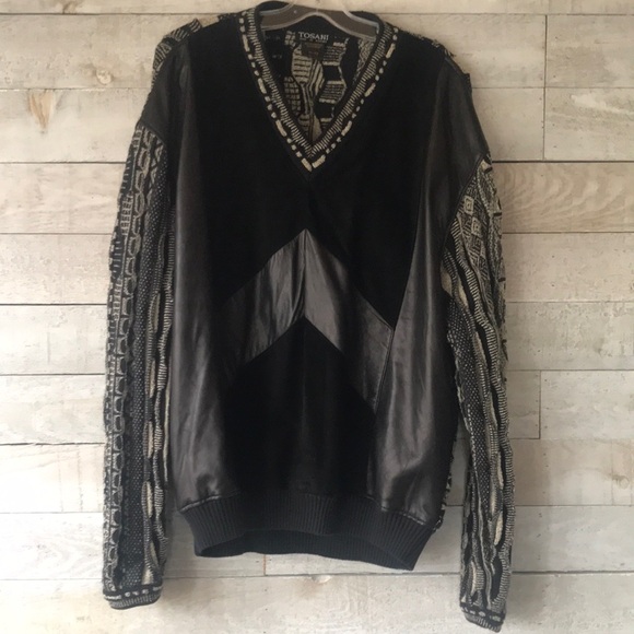 Tosani Coogi style knit faux leather and suede patchwork sweater - Picture 1 of 11